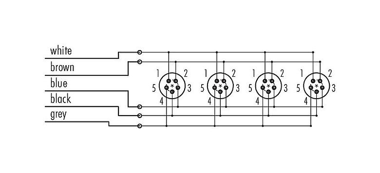Schémas d’affectation des broches Snap-In Distributeur 4 voies, Contacts: 5, non blindé, surmoulé sur le câble, IP67, 5 x 0.75 mm²
