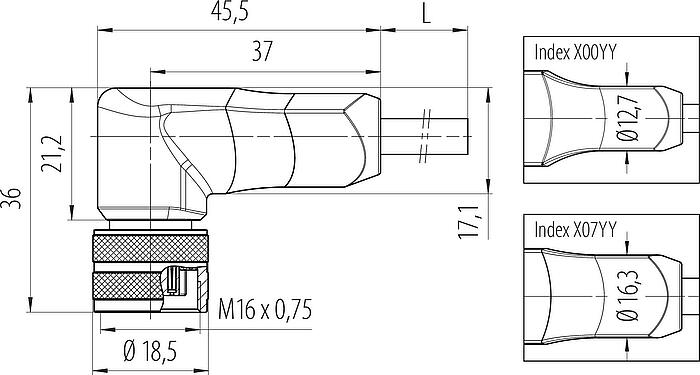 Dessin coté M16 Connecteur femelle coudé, Contacts: 12, blindé, surmoulé sur le câble, IP67, PUR, noir, 12 x 0,25 mm², 5 m