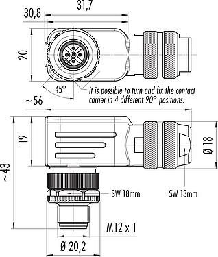 Scale drawing M12 Male angled connector, Contacts: 5, 6.0-8.0 mm, shieldable, wire clamp, IP67, with shielding ring