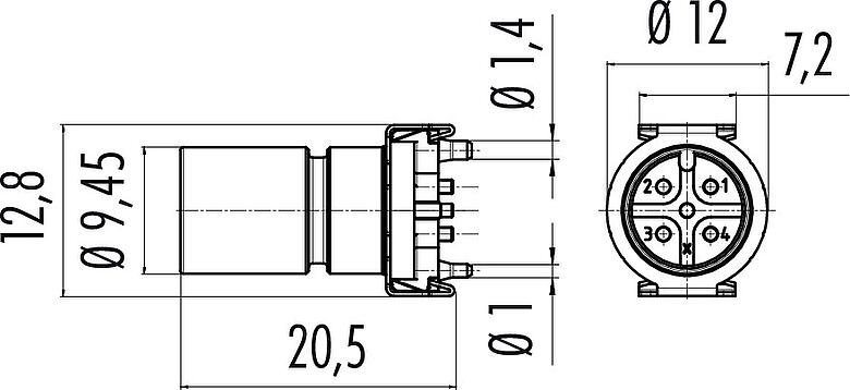 Dessin coté M12 Encastrable mâle, Contacts: 5, non blindé, SMT, IP67