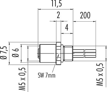 Dibujo a escala M5 Toma de brida, Número de contactos: 4, sin blindaje, hilos, IP67, M5x0,5, Montaje frontal, moldeado