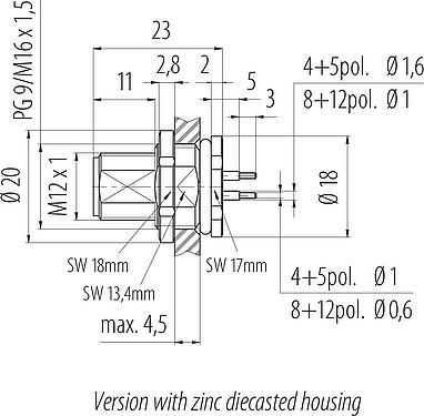 Scale drawing M12 Male panel mount connector, Contacts: 4, unshielded, THT, IP68, UL 2238, PG 9, Rear mounting