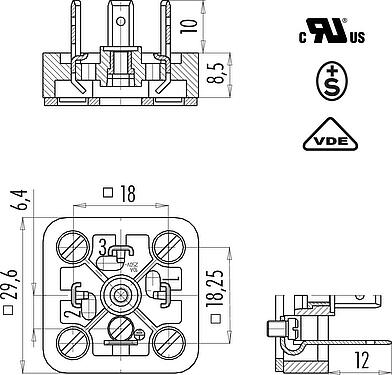 Dessin coté Embase mâle pour appareils, Contacts: 2+PE, non blindé, souder, IP40 sans joint, UL, ESTI+, VDE