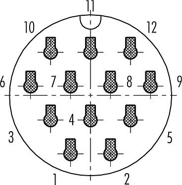 Disposition des contacts (Côté plug-in) Baïonnette Connecteur mâle, Contacts: 12, 7,0-13,0 mm, non blindé, sertir (Les contacts à sertir doivent être commandés séparément), IP68/IP69K, UL 2238, VDE, résistant aux UV