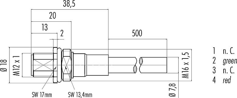 Dibujo a escala M12 Enchufe de brida, Número de contactos: 2, blindado, con cables ensamblado, IP68, M16x1,5, Profibus, PUR, morado, 1 x 2 x 0,25 mm², Montaje frontal, 0,5 m