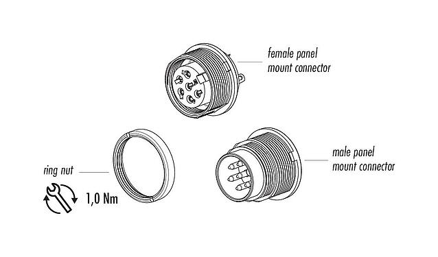Component part drawing M16 Female panel mount connector, Contacts: 24, unshielded, solder, IP40, M18x0,75, Rear mounting