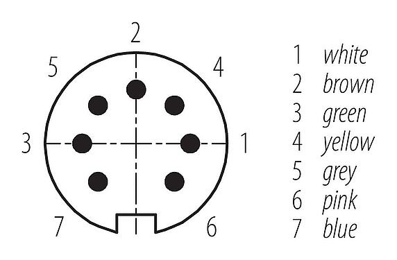 Disposition des contacts (Côté plug-in) M16 Connecteur mâle coudé, Contacts: 7 (07-b), non blindé, surmoulé sur le câble, IP67, PUR, noir, 7 x 0,25 mm², 5 m