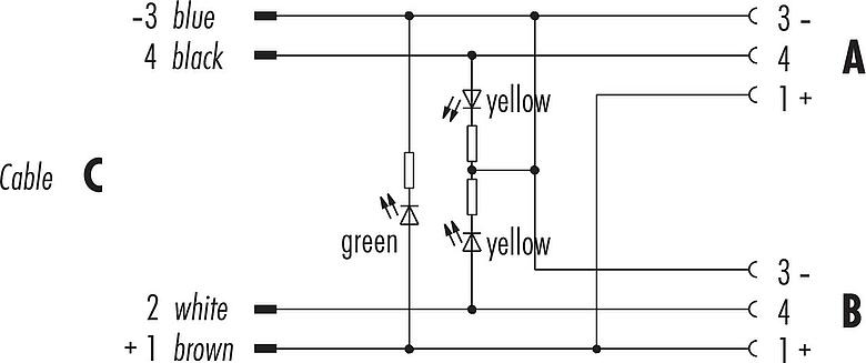 Pin assignment plans M8 Twin distributors, Y-distributor, Contacts: 3, unshielded, moulded on the cable, IP68, UL 2238, PUR, black, 4 x 0.25 mm², with LED PNP closer, 2 m