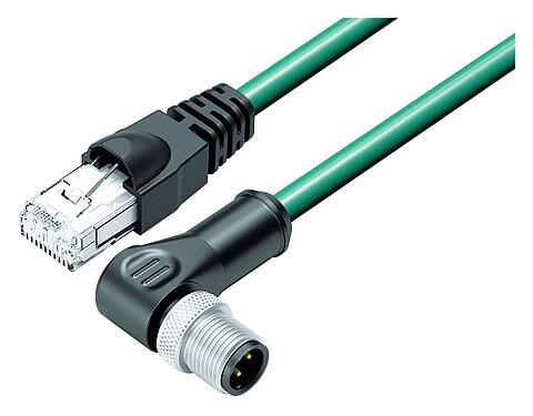 Ilustración M12/RJ45 Cable de conexión conector macho en ángulo - conector RJ45, Número de contactos: 4, blindado, moldeado/engarzado, IP67, Ethernet CAT5e, TPE, azul/verde, 2 x 2 x AWG 24, 0,3 m