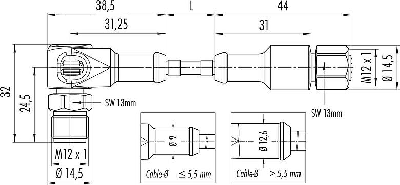 Dibujo a escala M12 Cable de conexión conector macho aangular - conector de cable hembra, Número de contactos: 5, sin blindaje, moldeado en el cable, IP67/IP69K, Ecolab, Conforme a la FDA, TPE especial, gris, 5 x 0,34 mm², Industria alimentaria, Acero inoxidable, 5 m