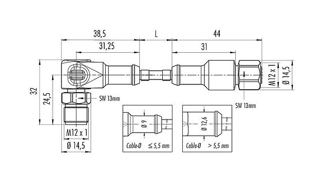 Scale drawing M12 Connecting cable male angled connector - female cable connector, Contacts: 3, unshielded, moulded on the cable, IP67/IP69K, UL 2238, Ecolab, PVC, grey, 3 x 0.34 mm², Food & Beverage, stainless steel, 2 m