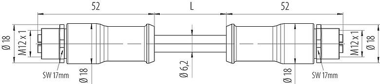 Dessin coté M12 Câble de raccordement 2 connecteurs femelle, Contacts: 8, blindé, surmoulé sur le câble, IP67, M12x1,0, E-beam X-FRNCL/LSNH, bleu, 2 m