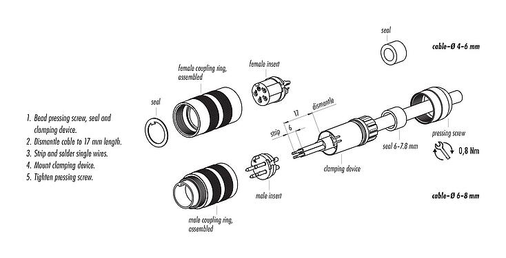 Assembly instructions M16 Female cable connector, Contacts: 2 (02-a), 4.1-7.8 mm, unshielded, solder, IP67, UL 2238, Short version