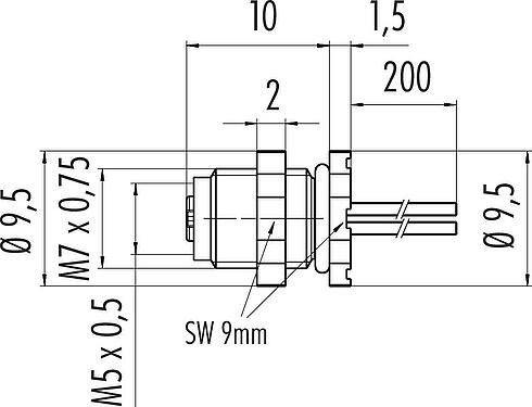 Scale drawing M5 Female panel mount connector, Contacts: 3, unshielded, single wires, IP67, M5x0.5, Rear mounting, potted