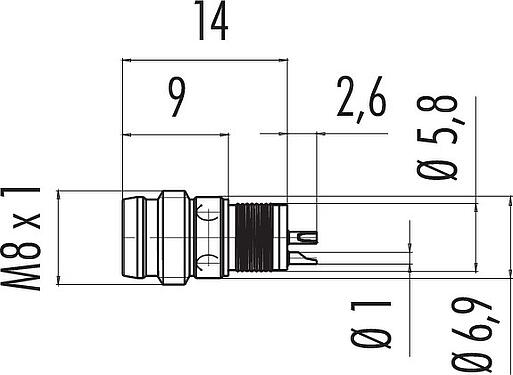 Dibujo a escala M8 Enchufe integrado, Número de contactos: 4, sin blindaje, soldadura, IP65, Montaje frontal