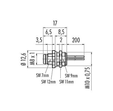 Dessin coté M8 Embase mâle, Contacts: 4, non blindé, fils, IP67, UL 2238, M10x0,75, Montage frontal, coulé