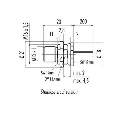Scale drawing M12 Male panel mount connector, Contacts: 5, unshielded, single wires, IP68, UL 2238, M16x1.5, Rear mounting, stainless steel, potted