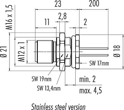 Dessin coté M12 Embase mâle, Contacts: 5, non blindé, fils, IP68, UL 2238, M16x1,5, Montage mural arrière, Acier inoxydable, coulé