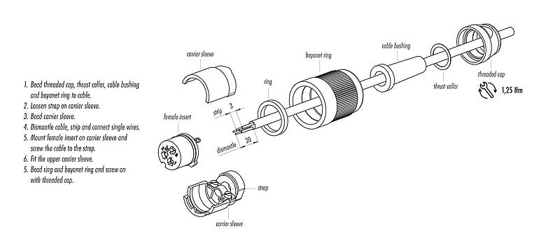 Assembly instructions Bayonet Female cable connector, Contacts: 3, 5.0-8.0 mm, shieldable, solder, IP40