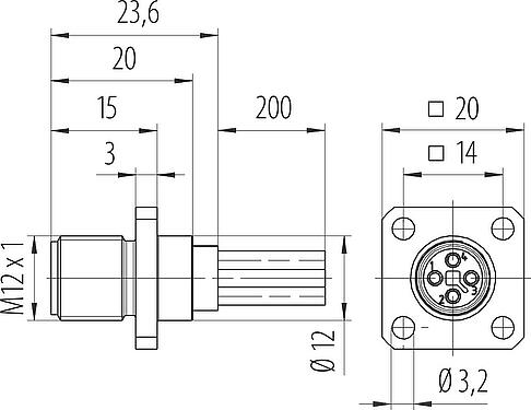 Dibujo a escala M12 Conector de montaje en panel macho cuadrado, Número de contactos: 4, sin blindaje, hilos, IP40, UL 2238, M3 (4x), Montaje frontal, moldeado