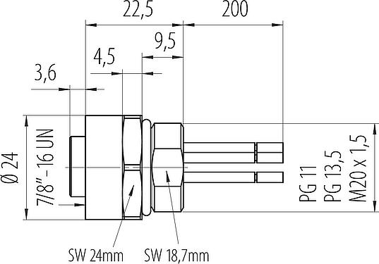 Dibujo a escala 7/8" Toma de brida, Número de contactos: 2+PE, sin blindaje, hilos, IP68, UL 2238, VDE, PG 13,5, Montaje frontal, moldeado