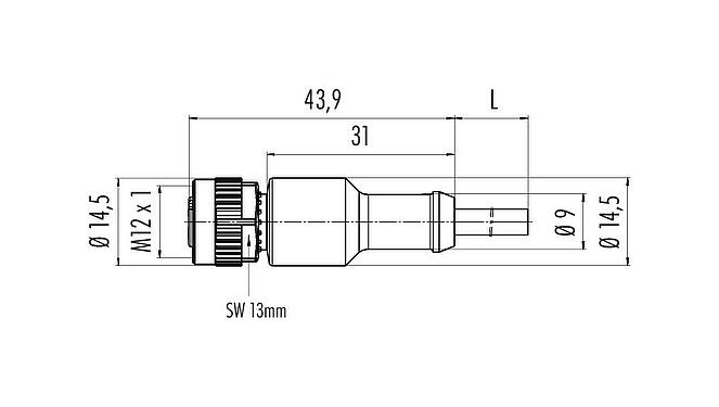 Scale drawing M12 Female cable connector, Contacts: 3, unshielded, moulded on the cable, IP68/IP69K, UL 2238, PVC, grey, 3 x 0.34 mm², 5 m