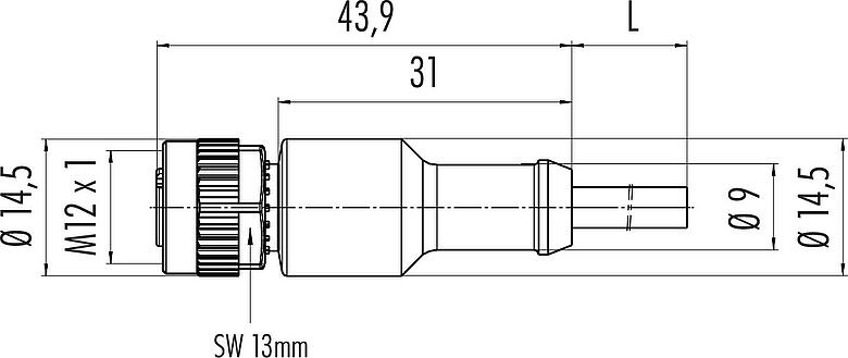 Dibujo a escala M12 Conector de cable hembra, Número de contactos: 3, sin blindaje, moldeado en el cable, IP68/IP69K, UL 2238, PVC, gris, 3 x 0,34 mm², 2 m