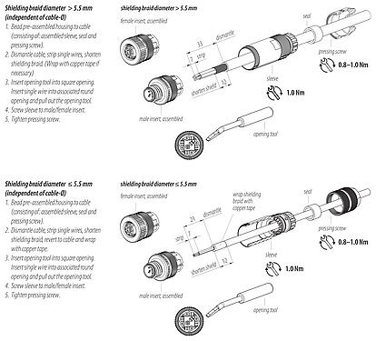 Assembly instructions M12 Male cable connector, Contacts: 5, 8.0-9.0 mm, shieldable, wire clamp, IP67, iris spring