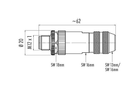 Scale drawing M12 Male cable connector, Contacts: 5, 6.0-8.0 mm, shieldable, screw clamp, IP67, UL 2238