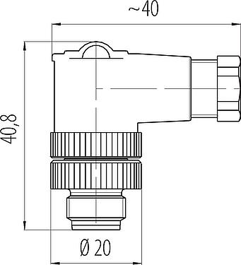 Dessin coté M12 Connecteur mâle coudé, Contacts: 2+PE, 4,0-6,0 mm, non blindé, pince à visser, IP67, UL