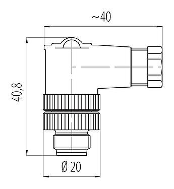 Dibujo a escala M12 Conector macho en ángulo, Número de contactos: 2+PE, 4,0-6,0 mm, sin blindaje, tornillo extraíble, IP67, UL