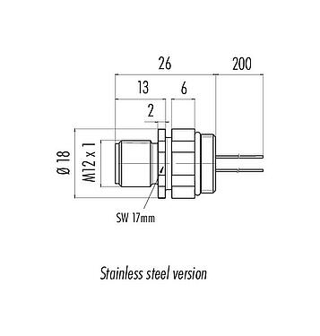 Scale drawing M12 Male panel mount connector, Contacts: 5, unshielded, single wires, IP68/IP69K, UL 2238, M16x1.5, Front mounting, stainless steel, positionable, potted
