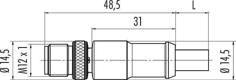 Dibujo a escala M12 Conector de cable macho, Número de contactos: 2, blindado, moldeado en el cable, IP67, UL 2238, Profibus, PUR, morado, 2 x 0.25 mm², 2 m