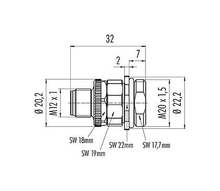 Scale drawing M12 Male panel mount connector, Contacts: 4, unshielded, screw clamp, IP67, UL 2238, M20x1.5, Front mounting, for the power supply