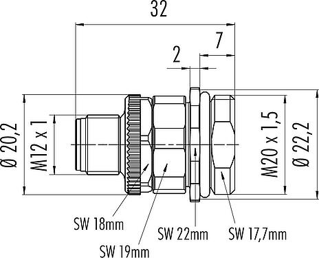 Dibujo a escala M12 Enchufe de brida, Número de contactos: 5, sin blindaje, tornillo extraíble, IP67, UL 2238, M20x1,5, Montaje frontal, para la fuente de alimentación (potencia)