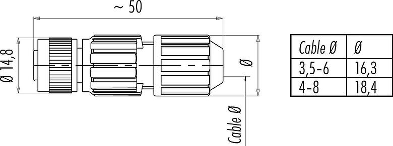 Scale drawing M12 Female cable connector, Contacts: 4, 4.0-8.0 mm, unshielded, IDC, IP67
