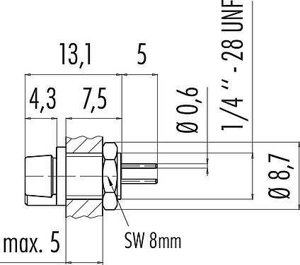 Scale drawing Snap-In Female panel mount connector, Contacts: 4, unshielded, THT, IP40, 1/4" 28 UNF, Front mounting
