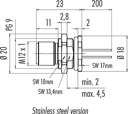 Dessin coté M12 Embase mâle, Contacts: 12, non blindé, fils, IP68, UL 2238, PG 9, Montage mural arrière, Acier inoxydable, coulé