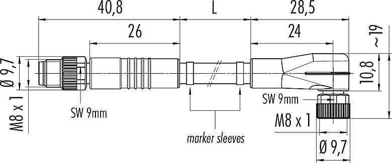 Dessin coté M8 Câble de raccordement connecteur mâle - connecteur femelle coudé, Contacts: 4, non blindé, surmoulé sur le câble, IP67/IP69K, PVC, gris, 4 x 0,34 mm², 10 m