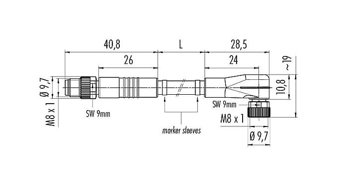Scale drawing M8 Connecting cable male cable connector - female angled connector, Contacts: 4, unshielded, moulded on the cable, IP67/IP69K, PVC, grey, 4 x 0.34 mm², 0.6 m