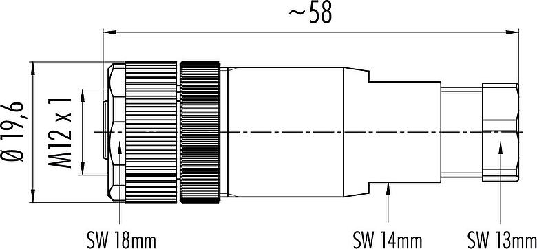 Dibujo a escala M12 Conector de cable hembra, Número de contactos: 4, 6,0-8,0 mm, sin blindaje, tornillo extraíble, IP67, UL 2238