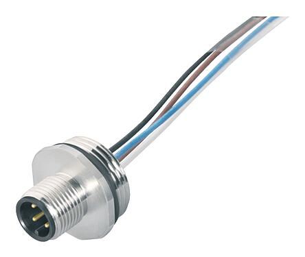 Illustration M12 Male panel mount connector, Contacts: 4, unshielded, single wires, IP68, UL 2238, M20x1.5, Front mounting, potted