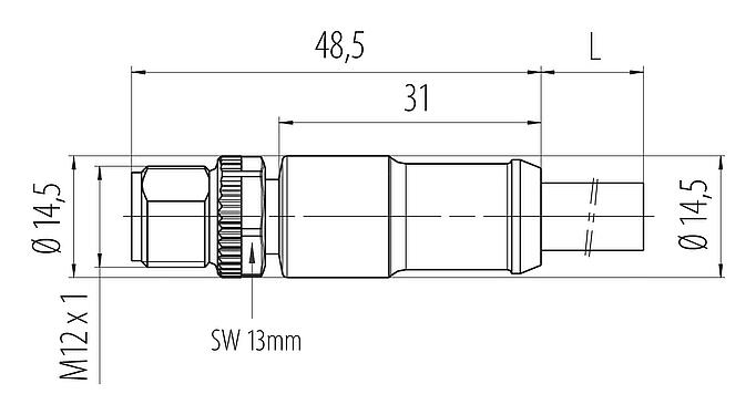 Dessin coté M12 Connecteur mâle, Contacts: 3+PE, non blindé, surmoulé sur le câble, IP68, UL 2238, PUR, noir, 4 x 1,50 mm², 5 m