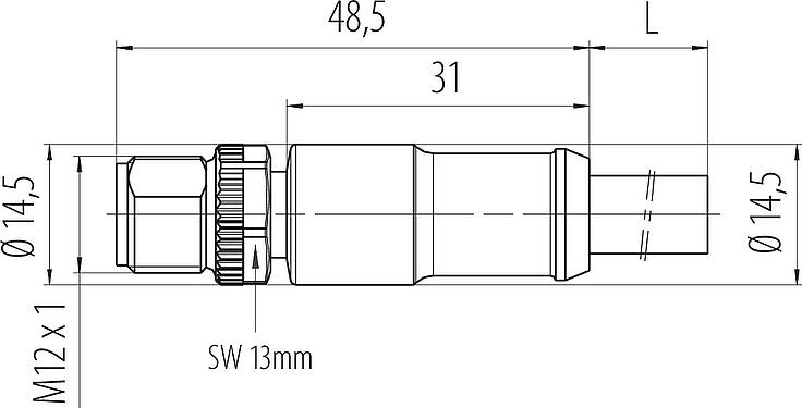 Dibujo a escala M12 Conector de cable macho, Número de contactos: 2+PE, sin blindaje, moldeado en el cable, IP68, UL 2238, PUR, negro, 3 x 1,50 mm², 2 m