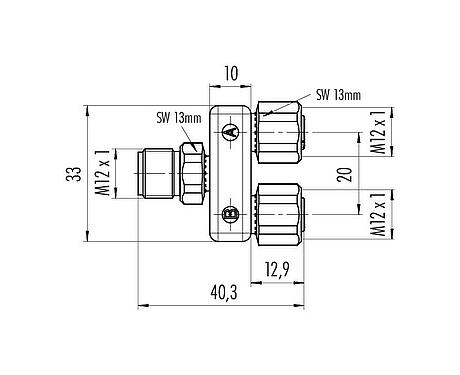 Scale drawing M12 Twin distributors Y-distributor, male connector - 2 female connector, Contacts: 5, unshielded, pluggable, IP68, UL 2238, stainless steel