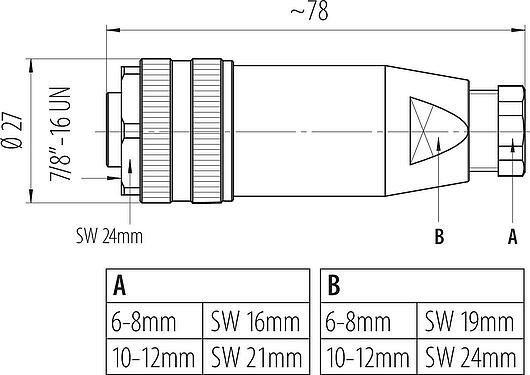 Dibujo a escala 7/8" Conector de cable hembra, Número de contactos: 2+PE, 10,0-12,0 mm, sin blindaje, tornillo extraíble, IP67, UL 2238, VDE