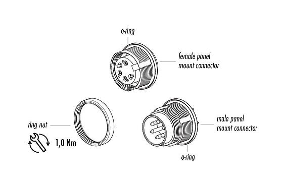 Component part drawing M16 Male panel mount connector, Contacts: 2 (02-a), unshielded, THT, IP67, UL 2238, M18x0,75, Rear mounting