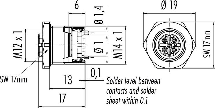 Dibujo a escala M12 Toma de brida, Número de contactos: 5, blindable, SMT, IP67, M14x1,0, Montaje frontal