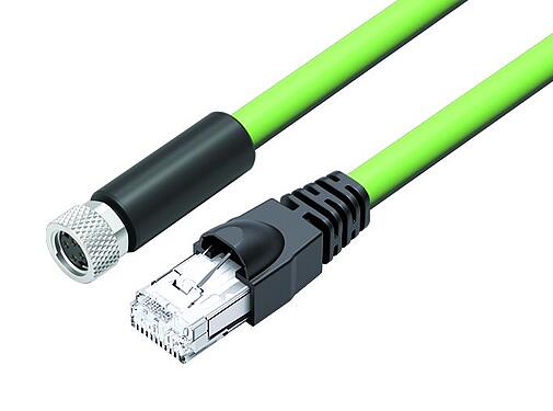 Illustration M8 Connecting cable female cable connector - RJ45 connector, Contacts: 4, shielded, molded/crimp, IP67, UL, Profinet/Ethernet CAT5e, PUR, green, 4 x AWG 22, 2 m