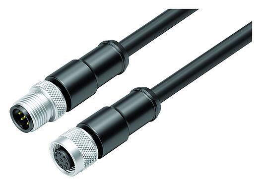 Ilustración M12 Cable de conexión conector de cable macho - conector de cable hembra, Número de contactos: 8, blindado, moldeado en el cable, IP67, Ethernet CAT5e, TPE, negro, 4 x 2 x AWG 24, 5 m